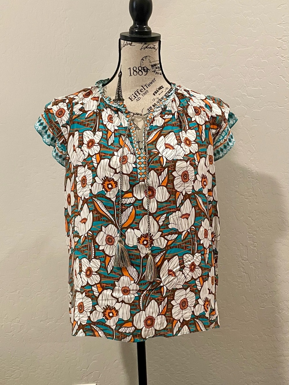 Rose & Olive Floral Tie-Front Cap Sleeve Blouse - White, Teal & Brown